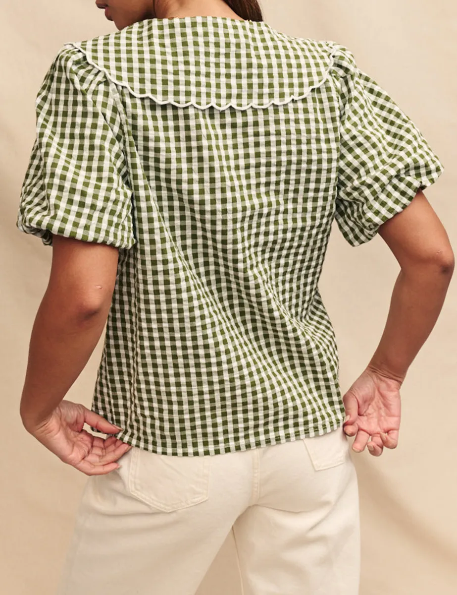 Green Gingham Puff Sleeve Blouse