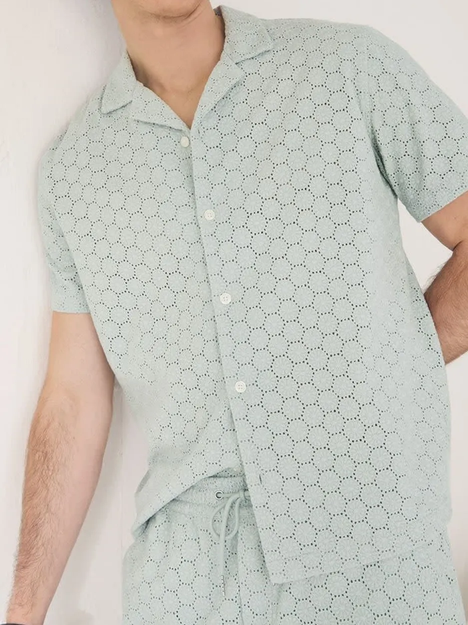 Simple Aqua Short-Sleeve Shirt with Embroidered Details