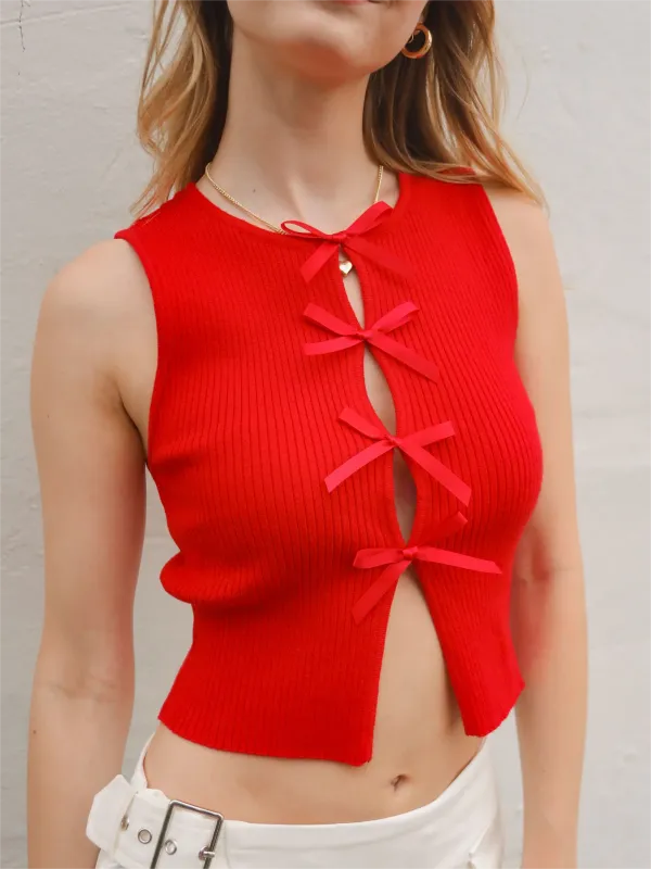 Red Sleeveless Lace Up Cropped Knit Top