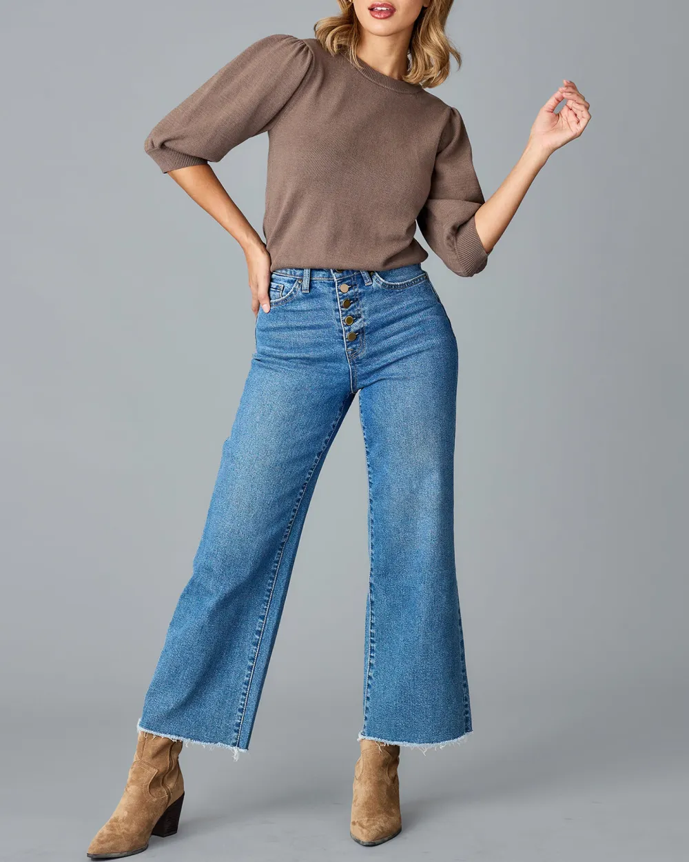 Puff Style Long Sleeves Brown Sweater