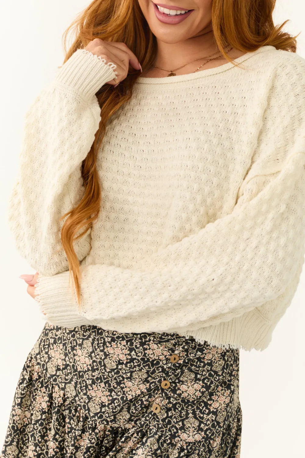 Cream Patterned Knit Mid Length Sweater