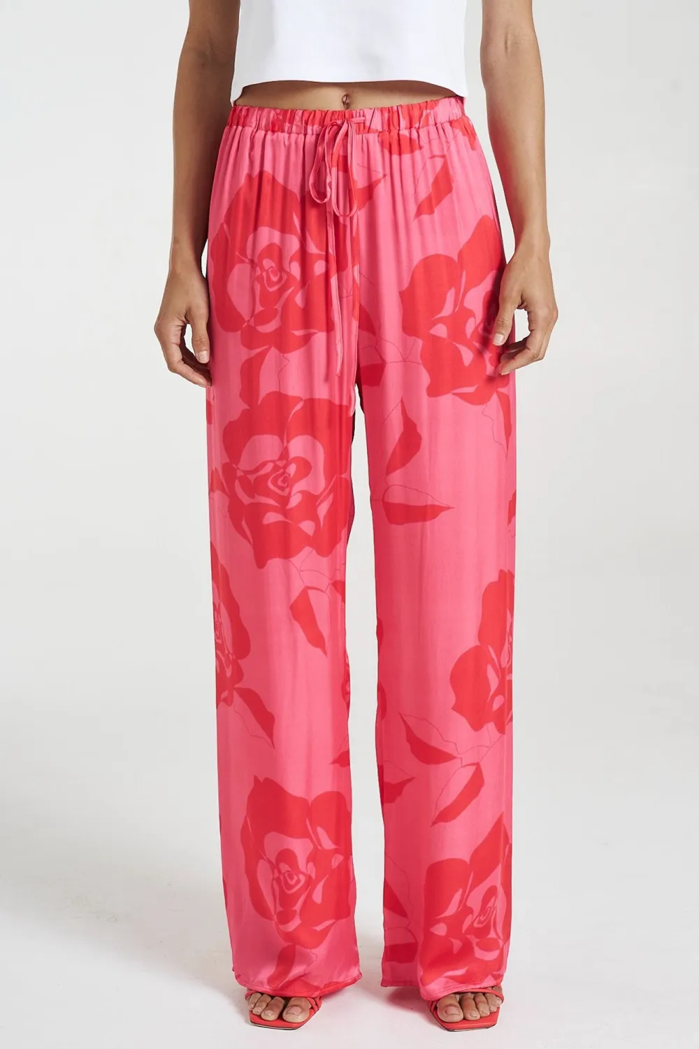 Pink Rose Print Soft Straight  Pants