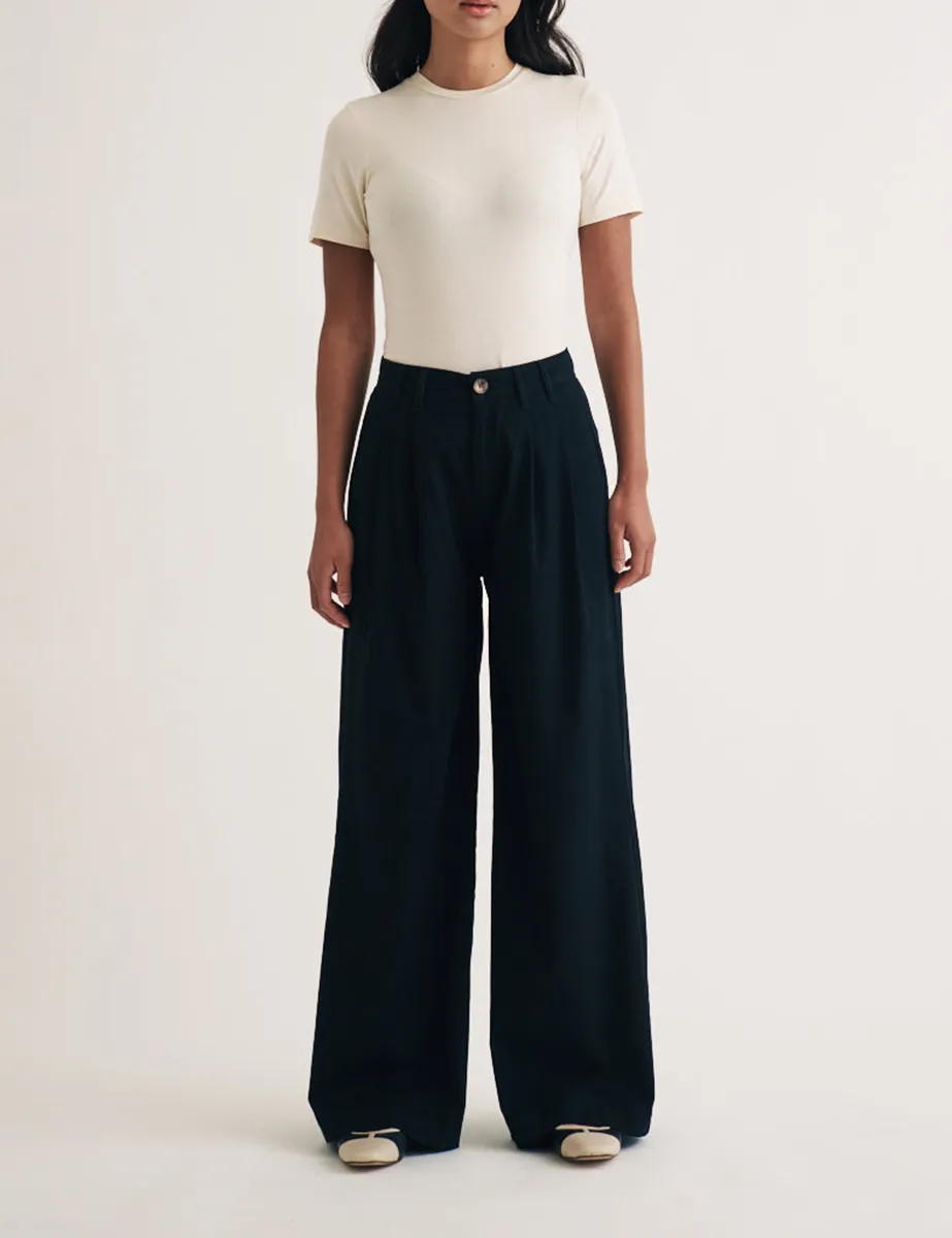 Black Twill Pleated Wide Leg Trousers