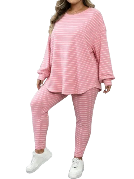 Plus Size Women's Autumn-Winter Ribbed 2pc Drop Shoulder Set