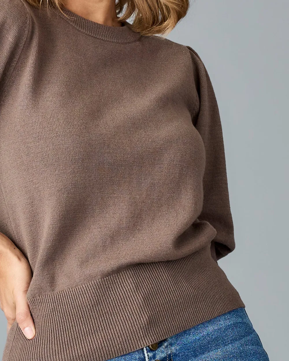 Puff Style Long Sleeves Brown Sweater