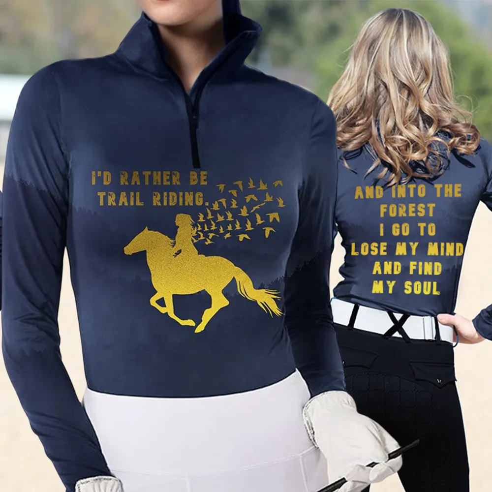 Women's Riding Style Forest Horse “I'd rahter be trail riding” Print Long Sleeve Casual Shirt