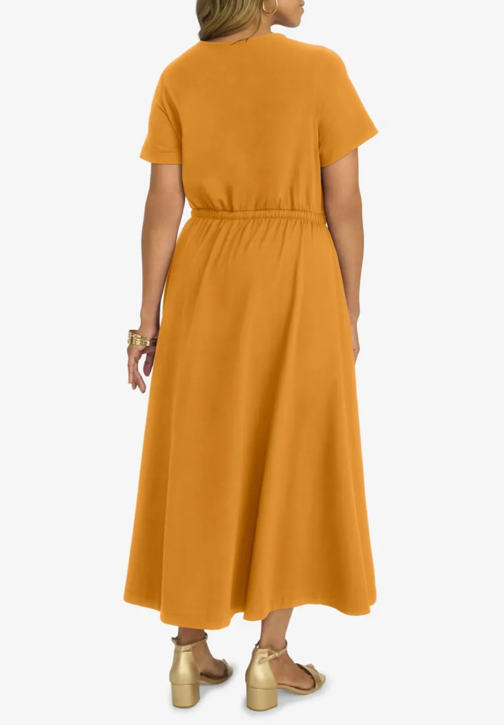 Solid Color Waist Cinched Round Neck Dress