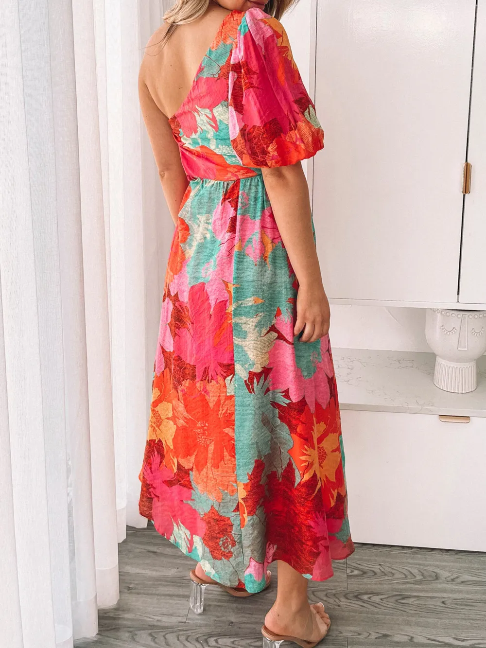 One Shoulder Neckline Pink Floral Dress