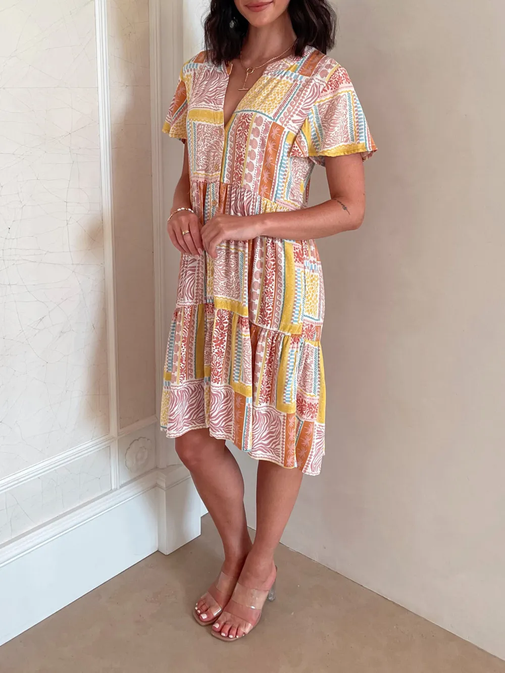 V Neckline Multi Print Dress