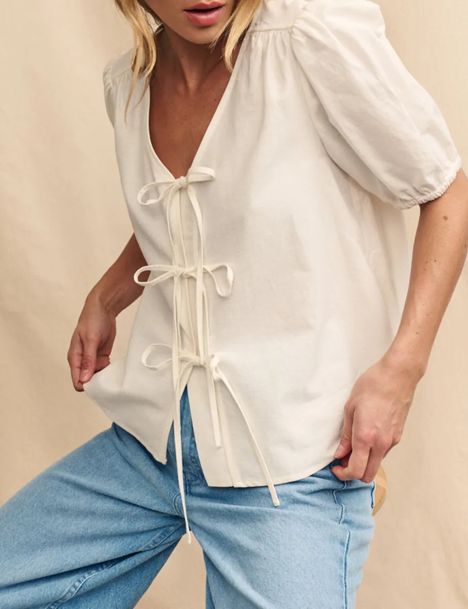 White Linen-blend Tie Front Blouse