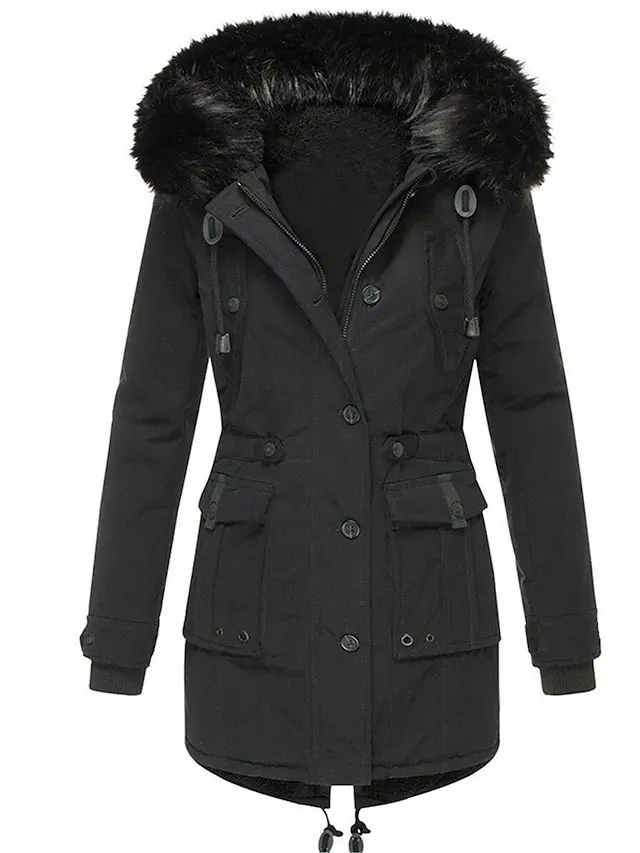 Women's Parka Winter Coat Mid-Length Puffer Jacket with Fur Collar Thermal Warm Heated Jacket Fleece Lined with Pockets Zip up Drwastring Hooded Outerwear Long Sleeve Fall Light Yellow Light Pink