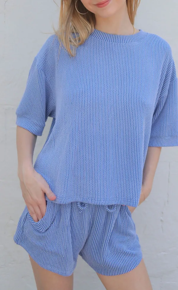 Blue Patterned Short Sleeve Set