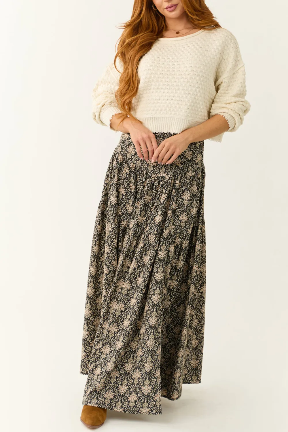 Cream Patterned Knit Mid Length Sweater