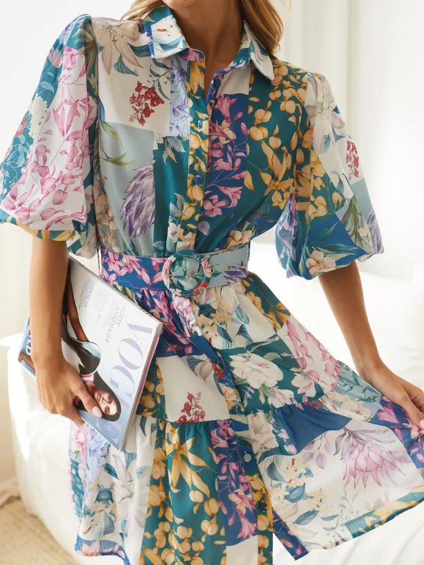 Short Balloon Sleeves Navy Print Dress