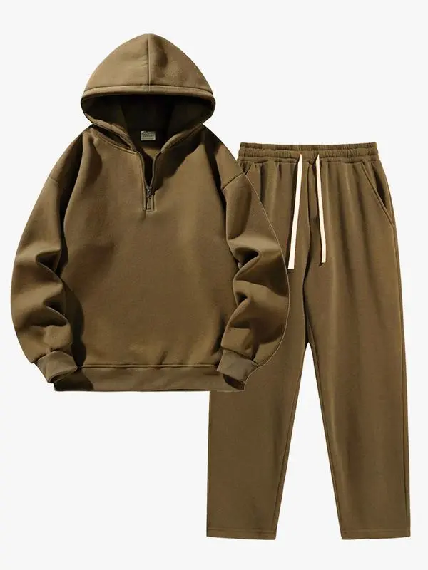 🔥Last Day Promotion 89% OFF🔥Men's Plain Drop Shoulder Sweatsuit Set - Half Zip Hoodie & Drawstring Sweatpants With Pockets