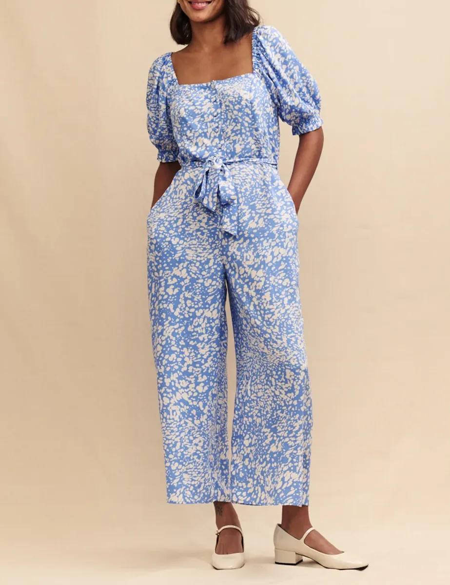 Blue Printed Tie Waist Jumpsuit