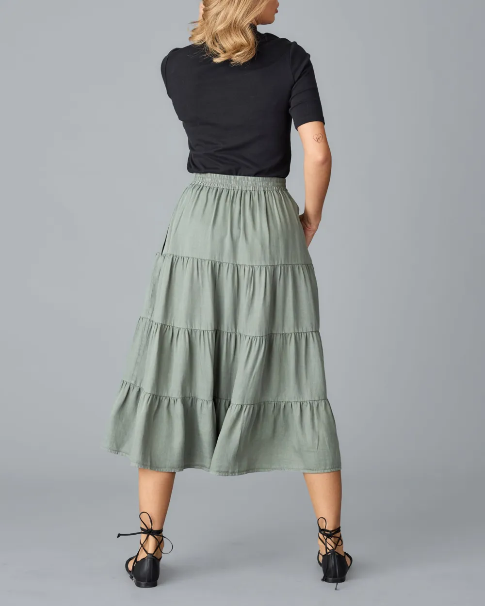 Olive Green Ruffled Midi Skirt