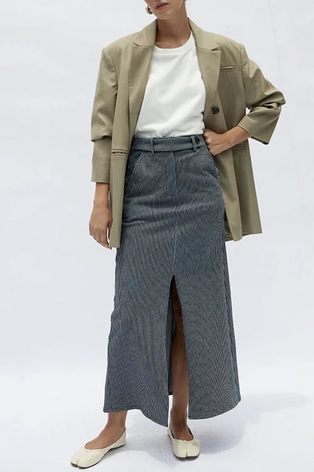 Classic Navy Stripe Slit Slimming Comfortable Skirt