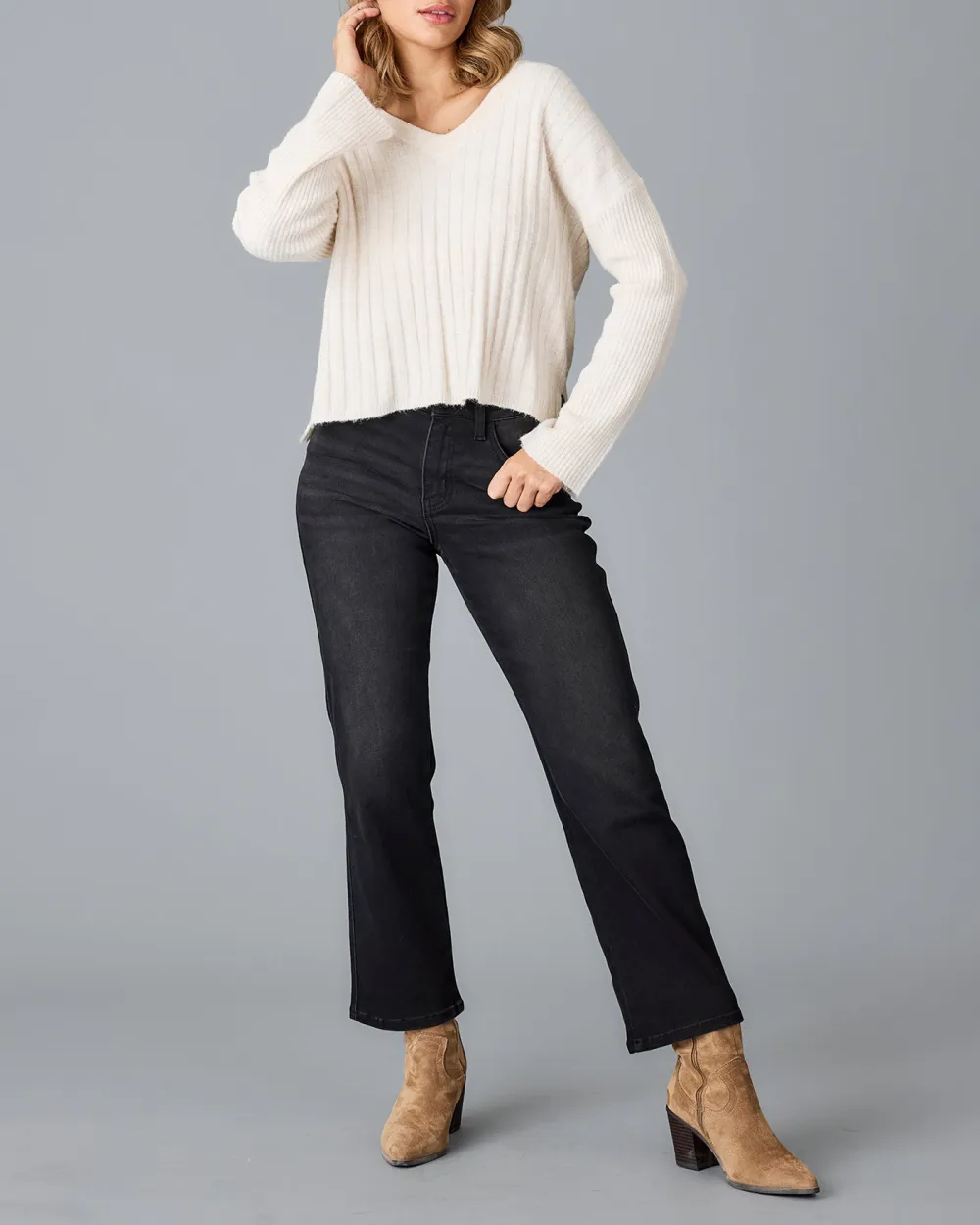 Oatmeal V-Neck Ribbed Sweater