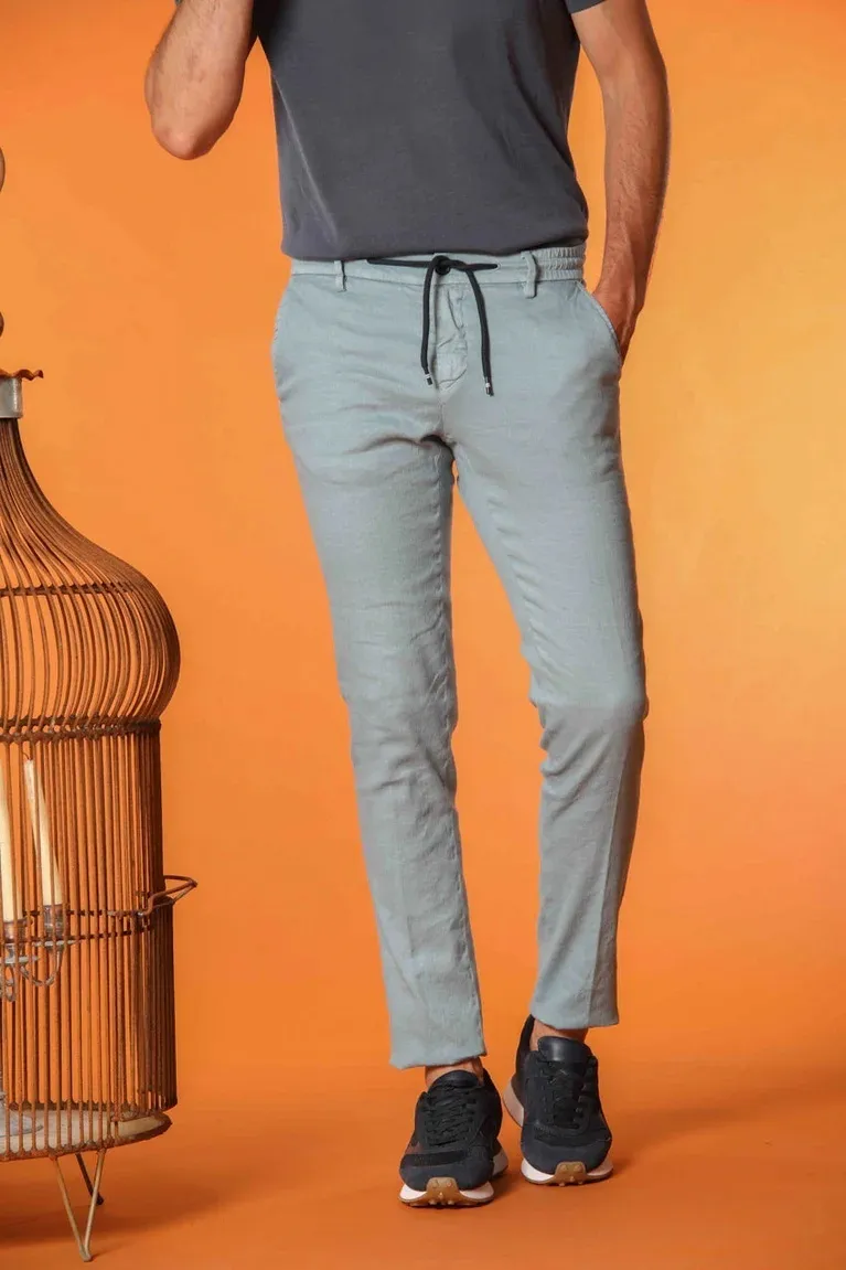 Men's Sky Blue Cotton and Linen Twill Elastic Waist Slim Fit Trousers