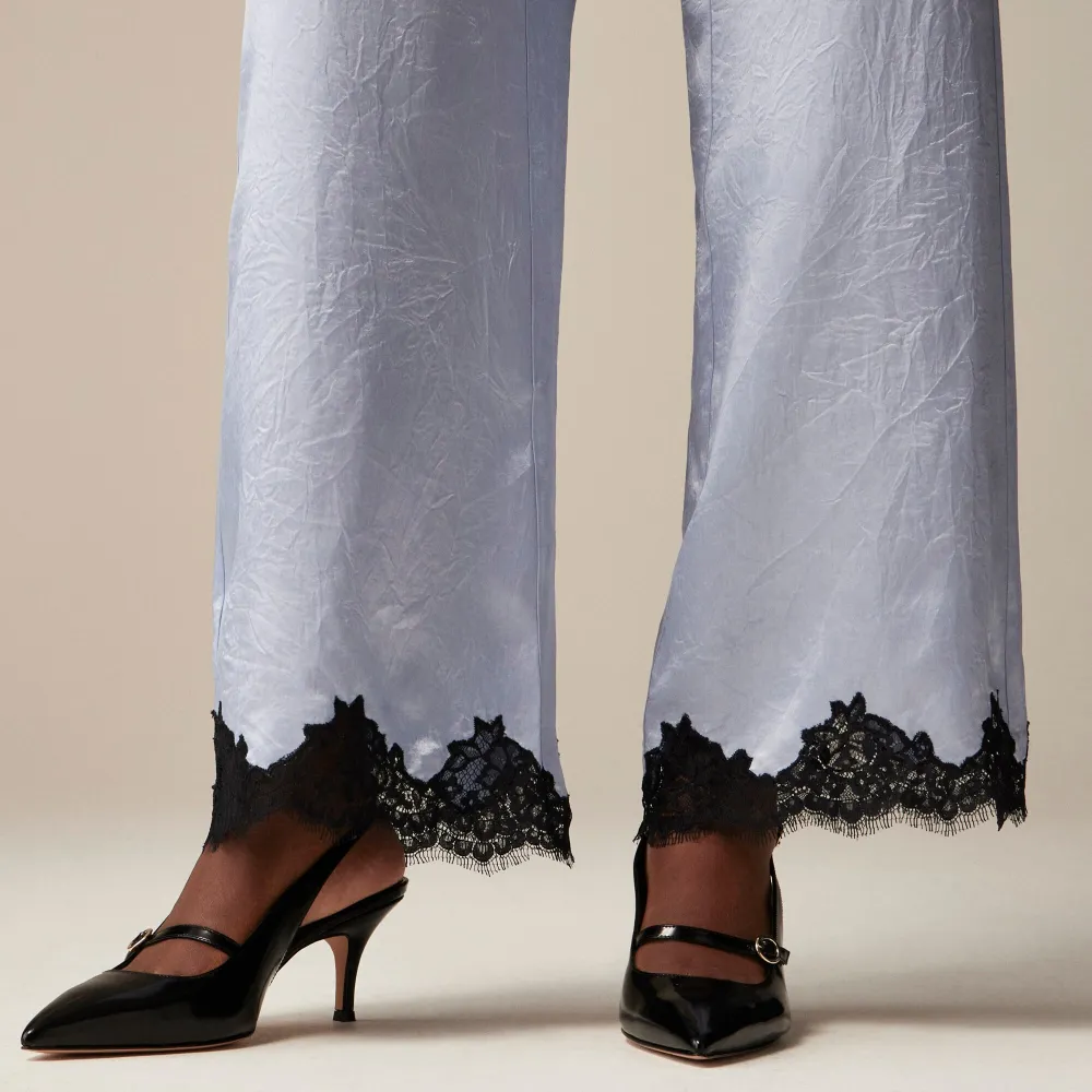 Satin Lace Hem Wide Leg Crop Pants
