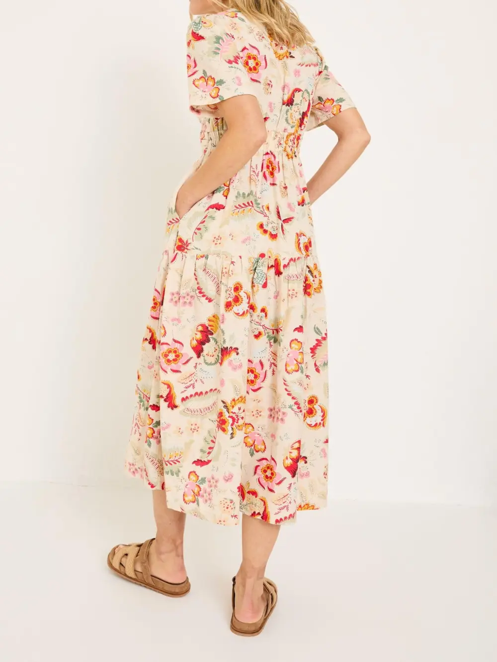 Cream Plants Printed Midi Dress