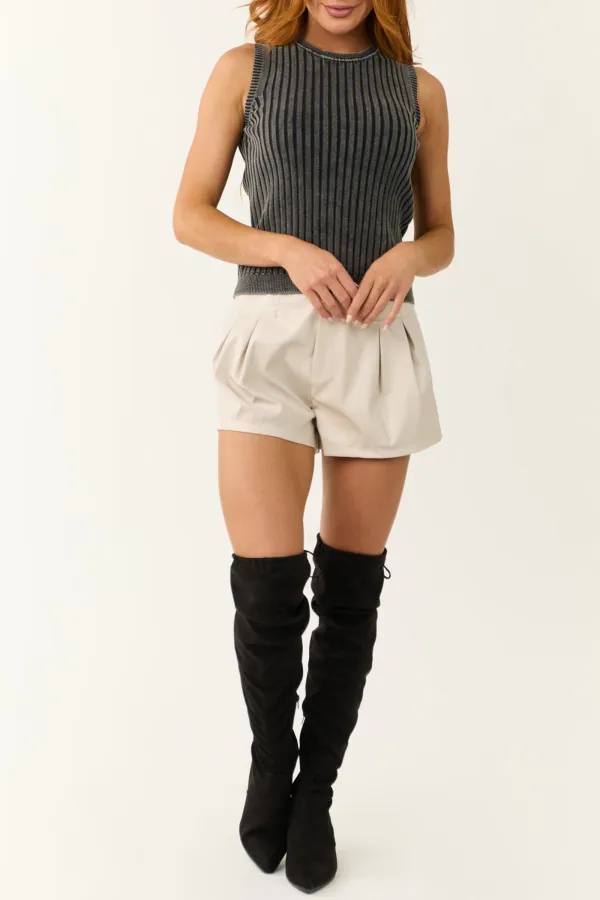 Charcoal Ribbed Knit Sleeveless Fitted Top