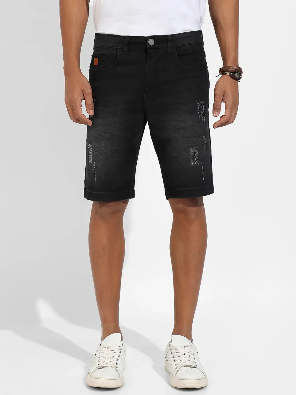 Black Casual Style Distresse Denim Shorts