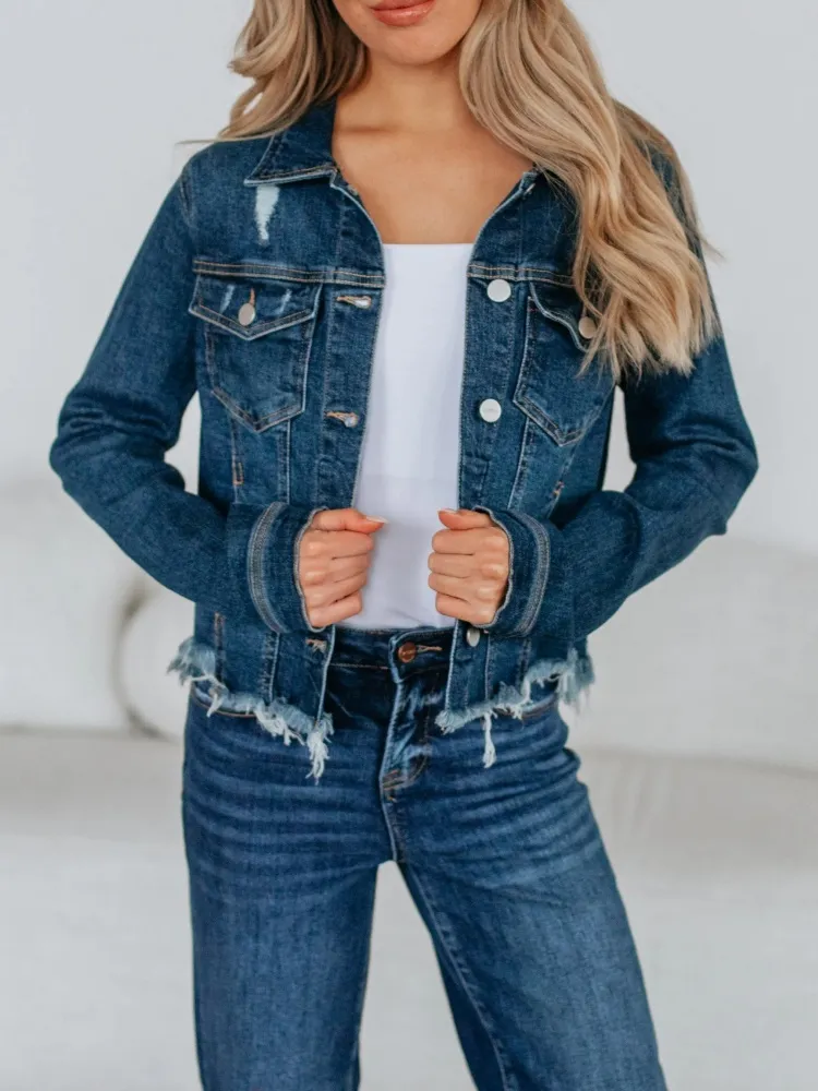 Distressing Button Up Cropped Jacket