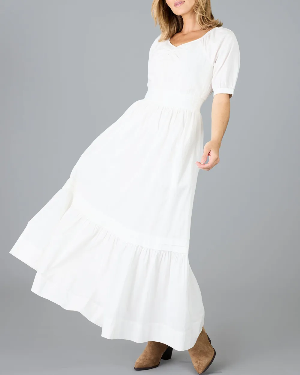 White Square Necked Tiered Maxi Dress