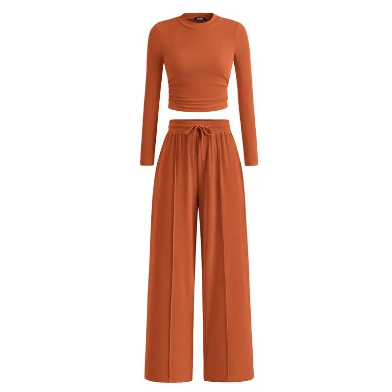 Ribbed Knit Long Sleeve Crop Top Wide Leg Pants