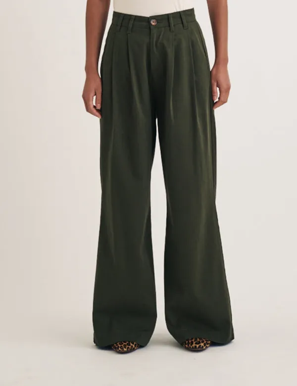 Deep Green Twill Pleated Wide Leg Trousers