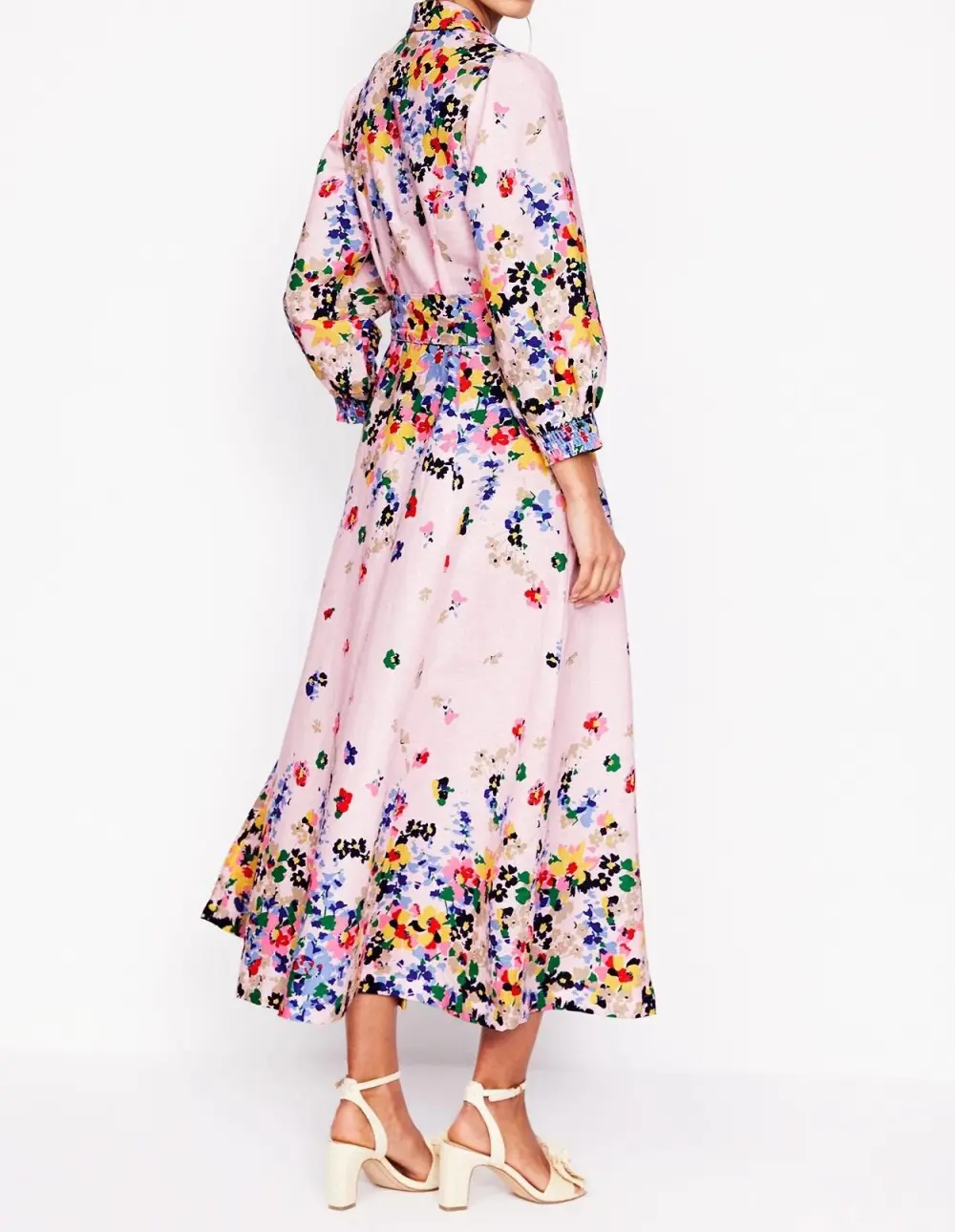 Pink and White Floral Long - Sleeve Maxi Dress