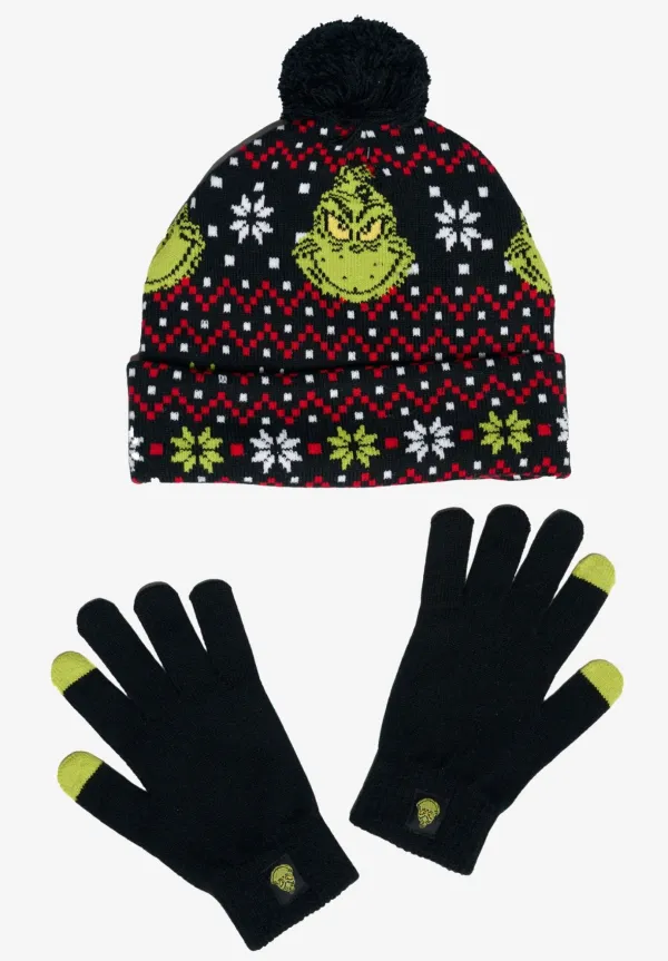 Men's Dr Seuss Grinch Knit Beanie Hat & Touch Screen Gloves Christmas