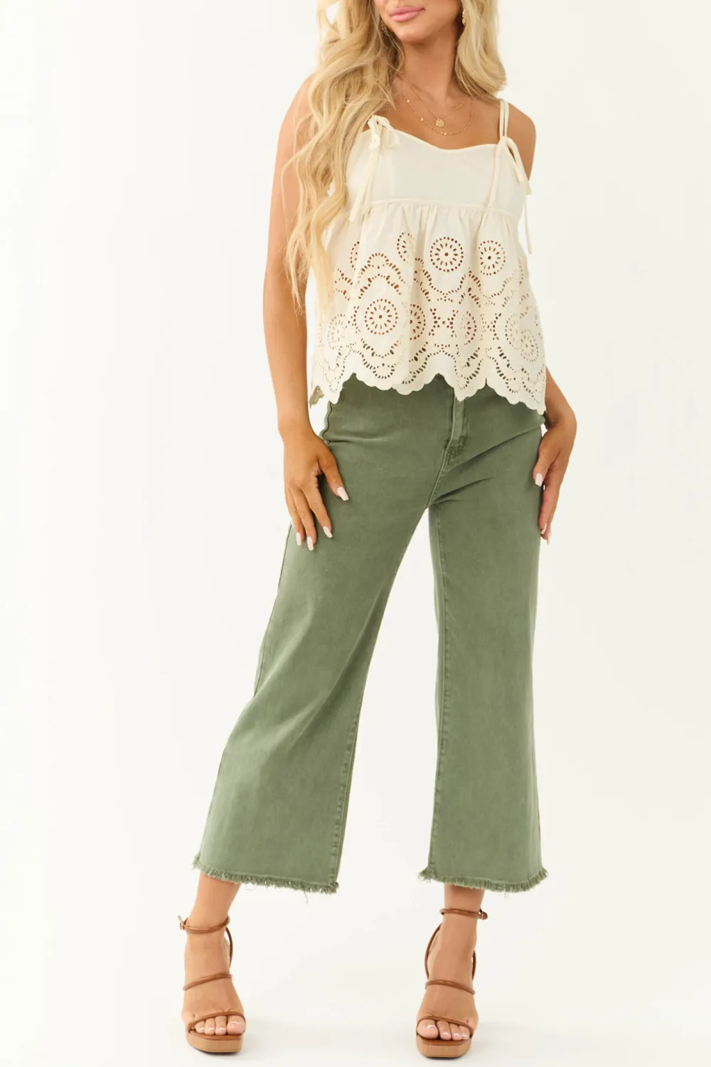 Champagne Eyelet Lace Peplum Tank Top