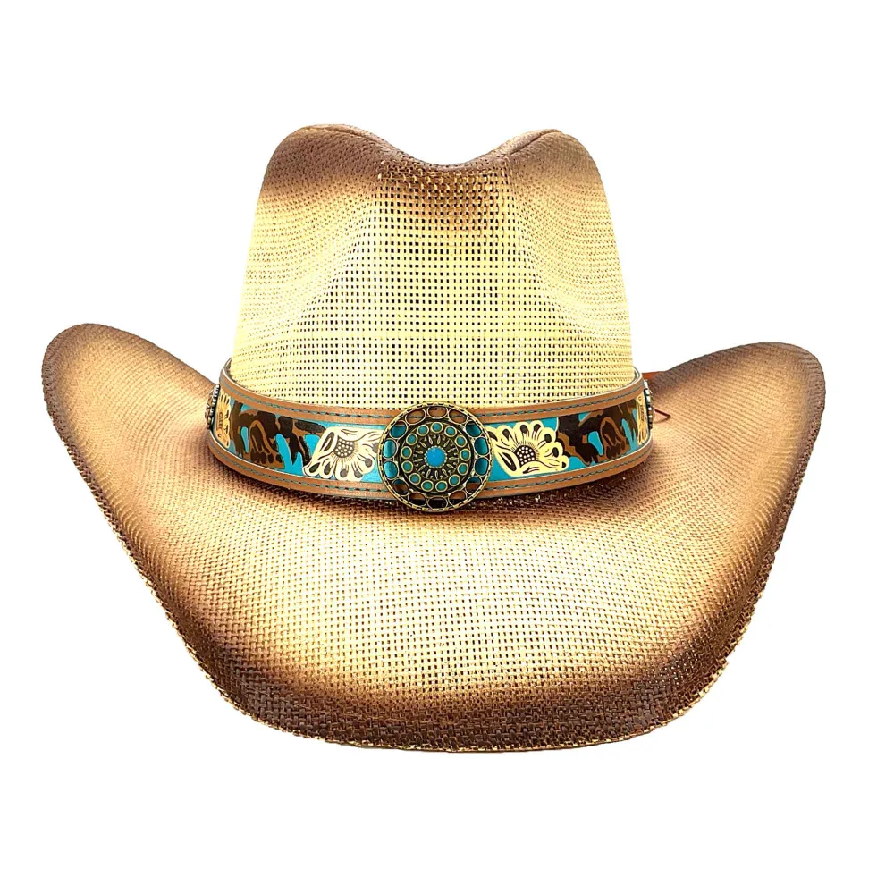 Straw Cowboy Hat with Turquoise Band and Concho