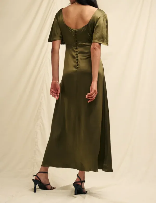 Olive Satin Square Neck Maxi Dress