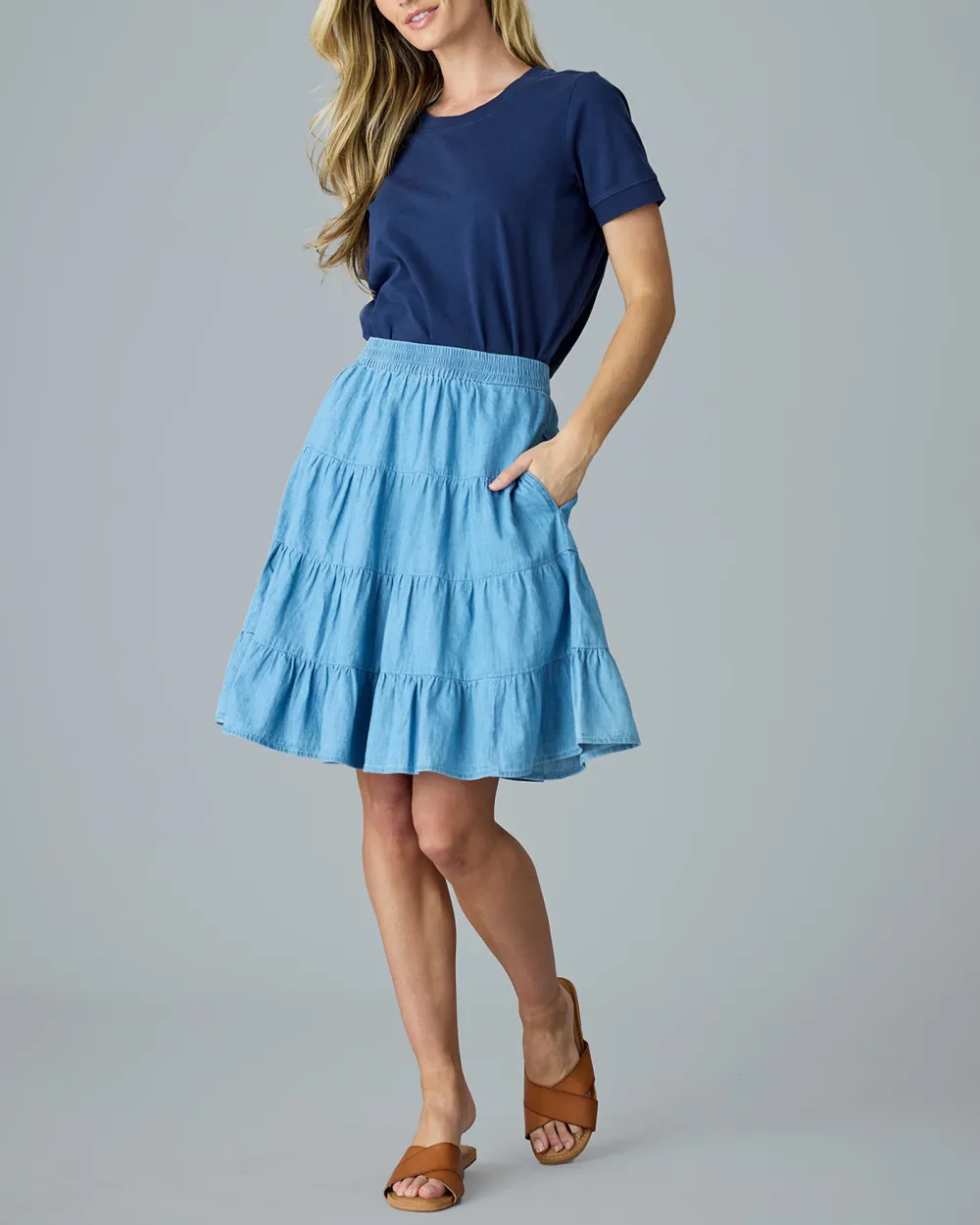 Light Blue Tiered Midi Skirt