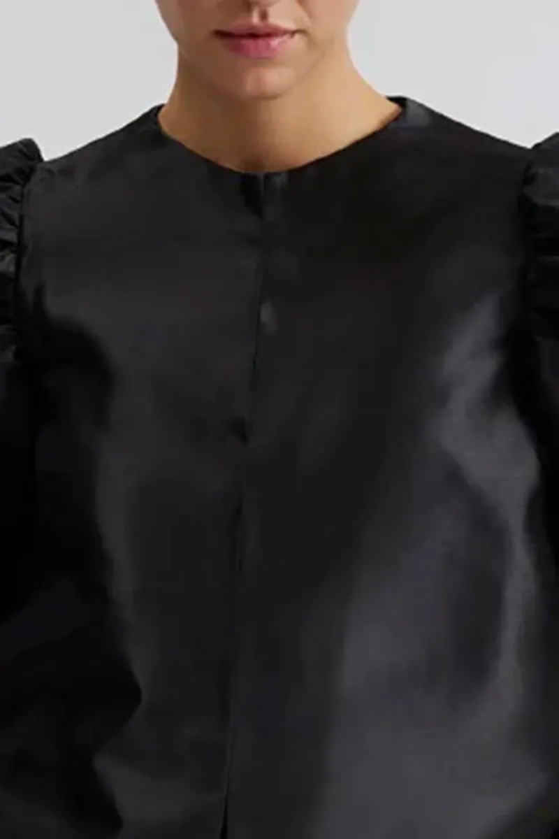 Black Pouf Sleeve Crew Neck Blouses