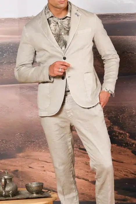 Light Beige Men's Cotton and Linen Twill Suit Jacket