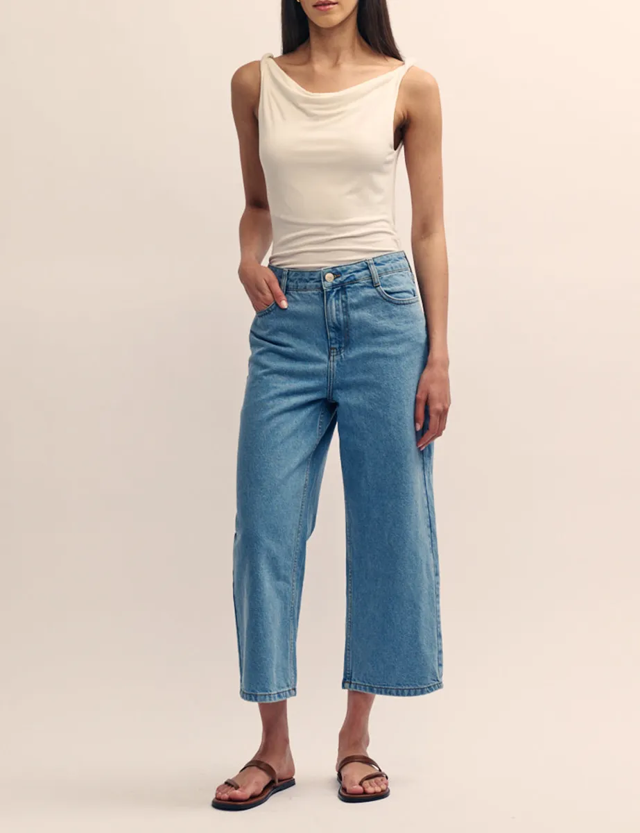 Mid Wash Denim Cropped Wide Leg Jeans