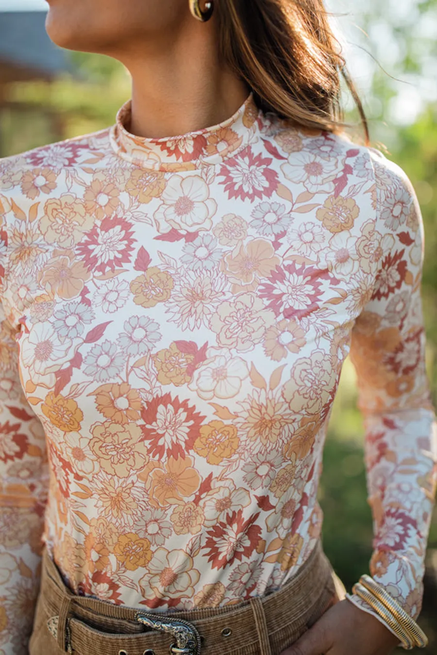 Rust And Mustard Floral Print Mock Neck Bodysuit