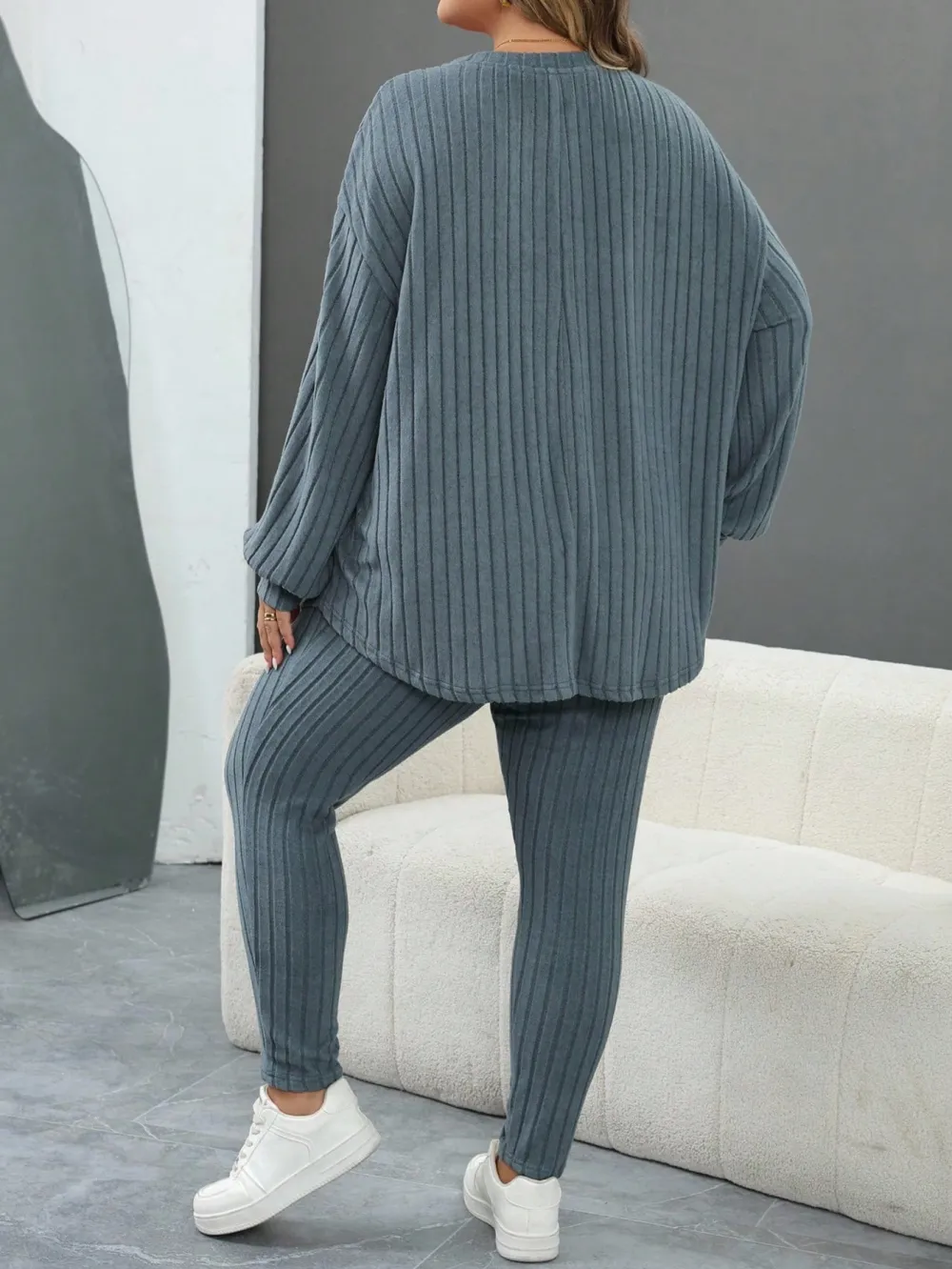 Plus Size Women's Autumn-Winter Ribbed 2pc Drop Shoulder Set