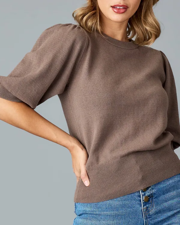 Puff Style Long Sleeves Brown Sweater
