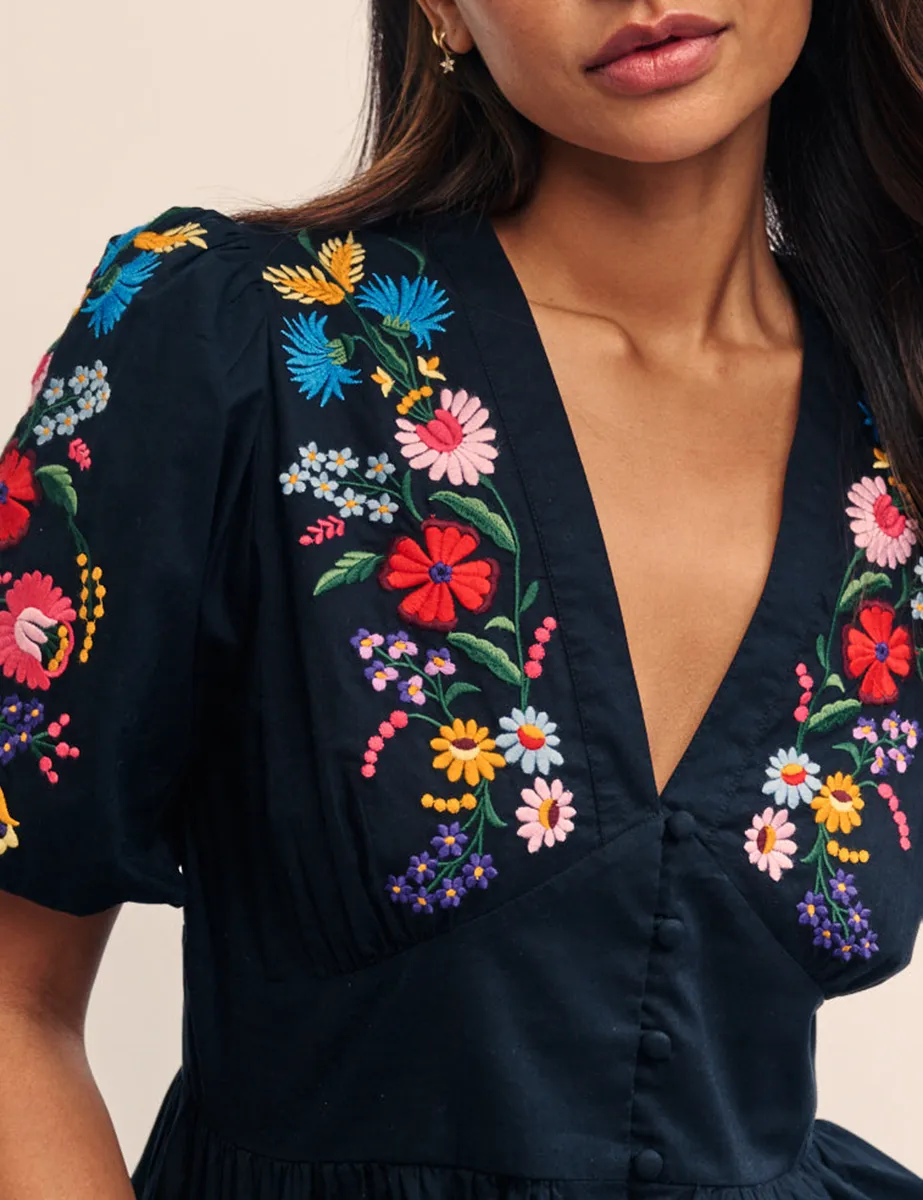 Black Embroidered V-Neck Top