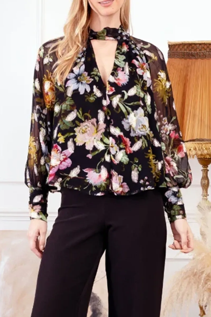 Floral Printed Sheer Deep V Neck Shirts