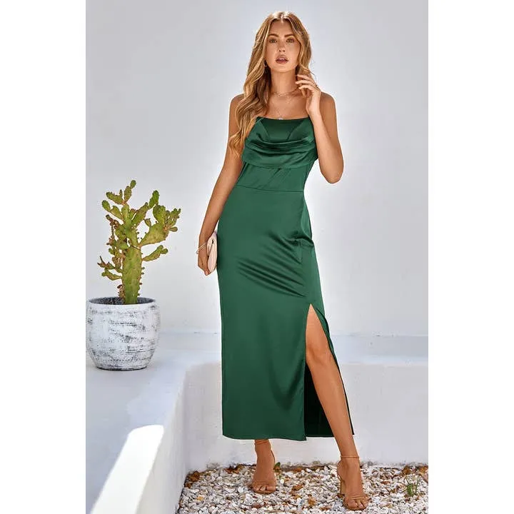Spaghetti Strap Cowl Neck Split Midi Slit Dress