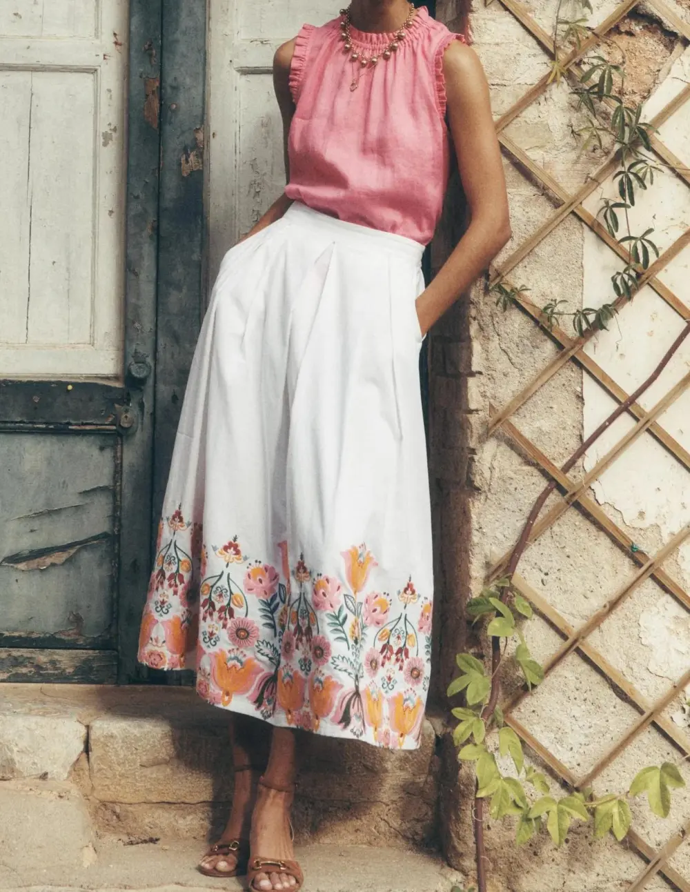 White Embroidered Verity Linen Midi Skirt