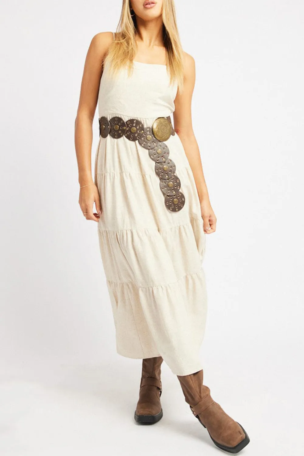 Beige Midi Dress Tiered Strappy