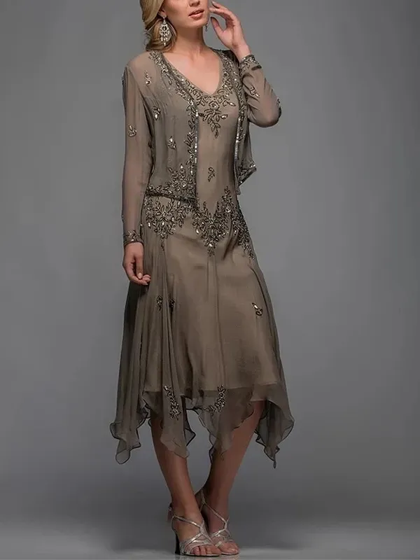 Chiffon V Neck Long Sleeve Top Dress Set